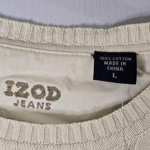 NWT IZOD Jeans Men Large Ivory Ribbed Knit Crew Neck Cotton Sweater Neutral - Picture 4 of 6